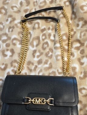 Michael Kors Black Leather Crossbody with Gold Chain